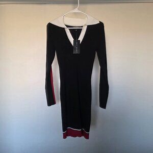 Say What NYC Knit Dress L Black Red Colorblock V-Neck L/S Contrast Collar NWT